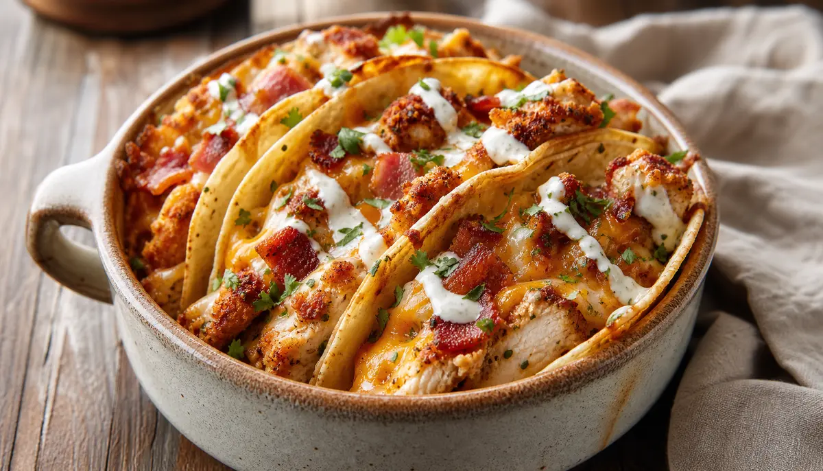 A close-up of golden brown Cheesy Oven-Crispy Chicken Bacon Ranch Tacos (Easy Baked Dinner) served on a rustic plate for a delicious and simple family meal.