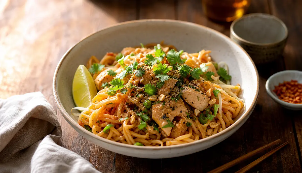 A plate of freshly prepared stir-fried noodles topped with tender chicken, crushed peanuts, and bean sprouts illustrates exactly How to Make Chicken Pad Thai - Delicious Recipe for an easy homemade dinner.