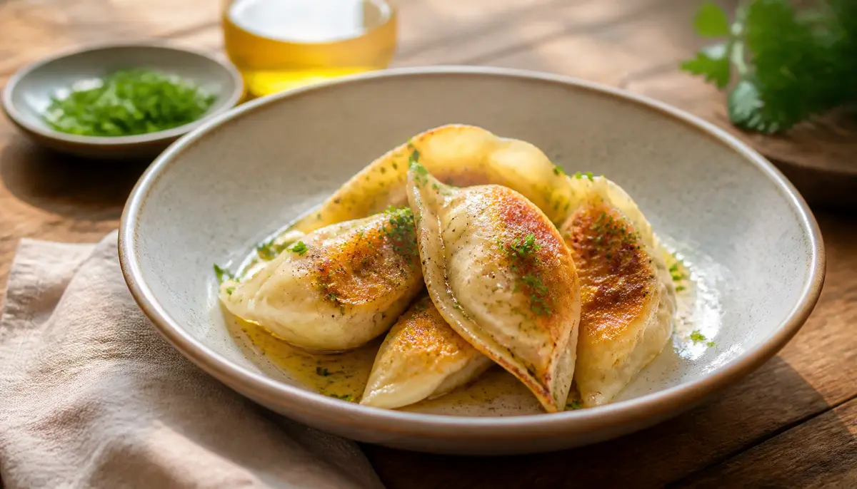 An appetizing close-up of the Best Homemade Chicken Potstickers! showcasing golden-brown crispy wrappers filled with juicy chicken and vegetables, served alongside a savory dipping sauce, perfectly capturing the essence of this delicious recipe.