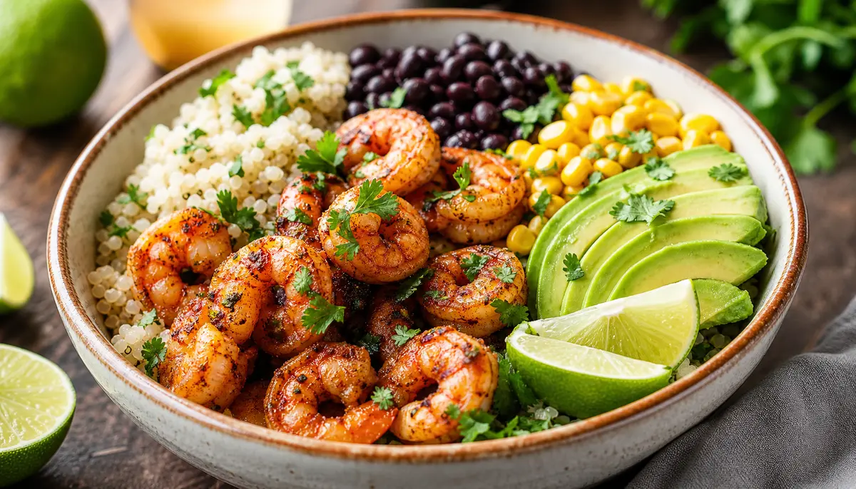 A vibrant bowl of Chili Lime Shrimp Bowls topped with fresh cilantro and lime wedges served over a bed of fluffy cilantro lime rice.