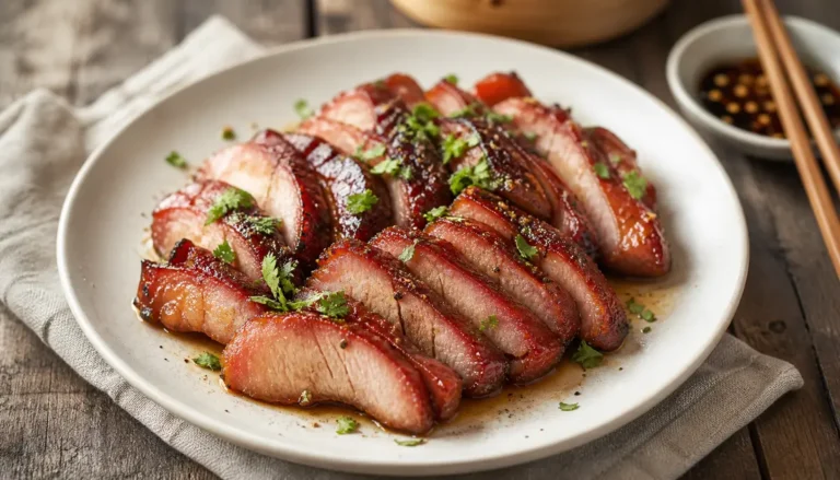 A close-up of a glossy, perfectly caramelized Chinese BBQ Pork – Char Siu dish served on a white plate with a side of steamed rice and fresh bok choy.