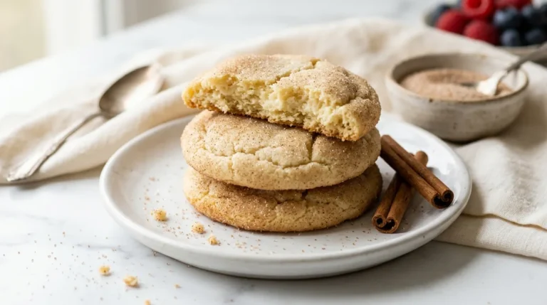 A plate of freshly baked soft Cinnamon Cream Cheese Cookies topped with a delicate cinnamon sugar dusting and a rich cream cheese glaze.