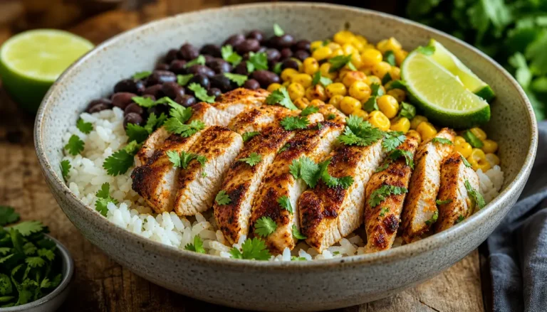 A vibrant and nutritious serving of Corn Chicken Rice Bowls | Healthy Meal Prep Dinner (High Protein) featuring grilled chicken and fresh corn served over fluffy rice in a glass meal prep container.