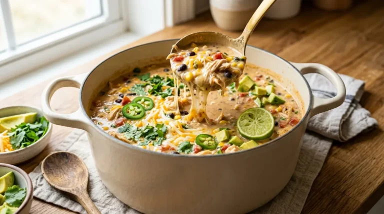 A steaming bowl of homemade Creamy Chicken Taco Soup garnished with fresh cilantro and shredded cheese served as a comforting dinner meal.