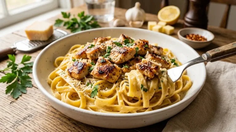 A steaming bowl of Creamy Cowboy Butter Chicken Pasta: Easy Recipes for Quick Dinners & Healthy Meal Prep Ideas topped with fresh herbs and a rich savory sauce serves as a perfect example of a delicious weeknight meal.