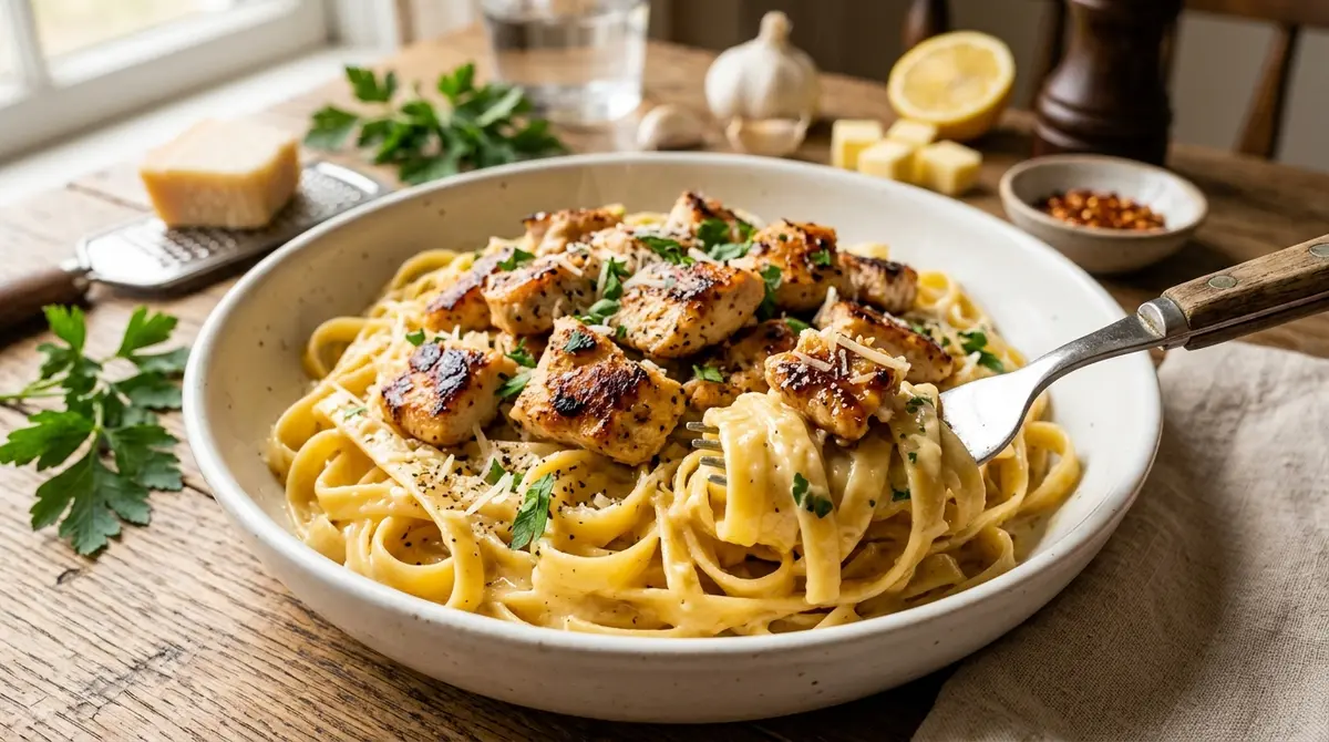 A steaming bowl of Creamy Cowboy Butter Chicken Pasta: Easy Recipes for Quick Dinners & Healthy Meal Prep Ideas topped with fresh herbs and a rich savory sauce serves as a perfect example of a delicious weeknight meal.