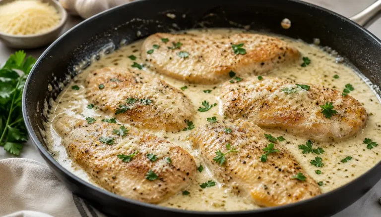 A delicious Creamy Garlic Parmesan Chicken Breast - Easy Meals For Two Chicken served on a plate as a quick and savory dinner option.