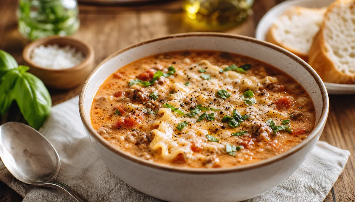 A steaming bowl of Easy Creamy Lasagna Soup served in a rustic ceramic bowl with a garnish of fresh basil and melted cheese on top.