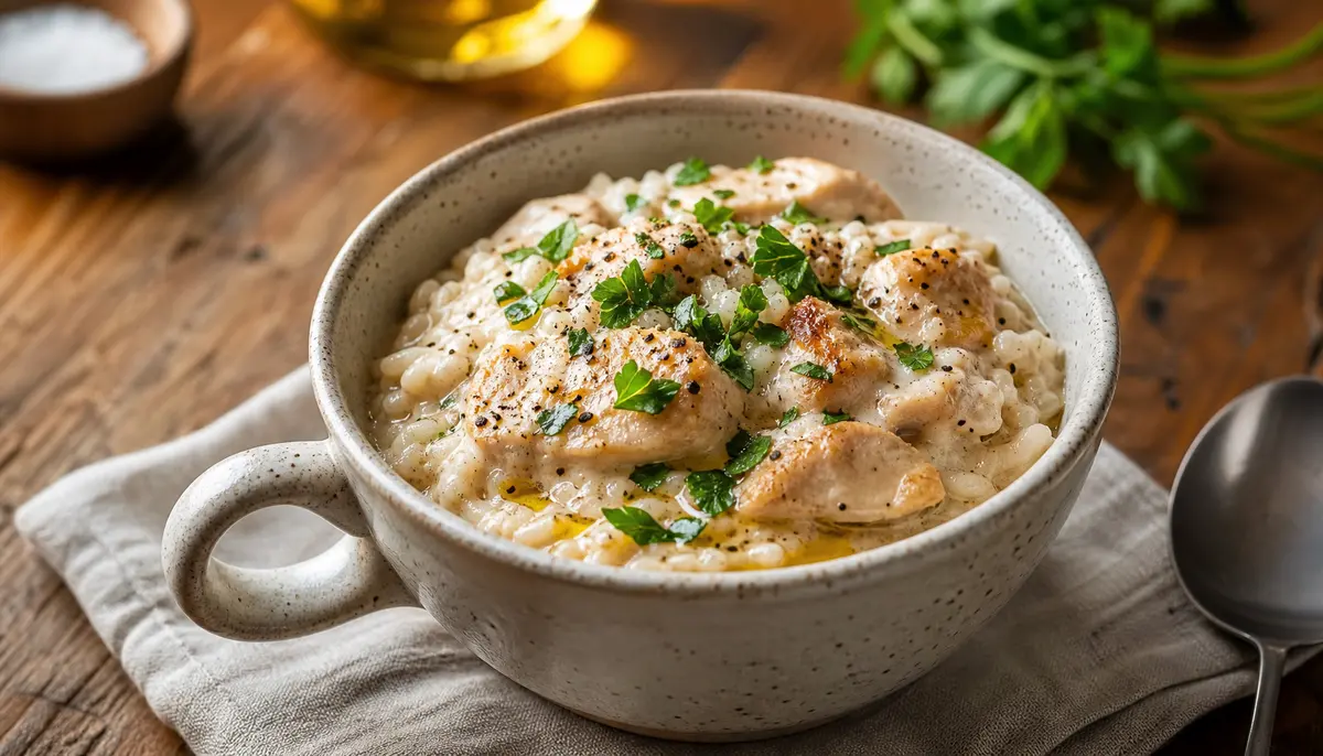 A plate of golden pan-seared chicken thighs smothered in a rich savory sauce served over fluffy white rice illustrates exactly How to Make Creamy Smothered Chicken and Rice – Easy Dinner Idea for a comforting homemade meal.