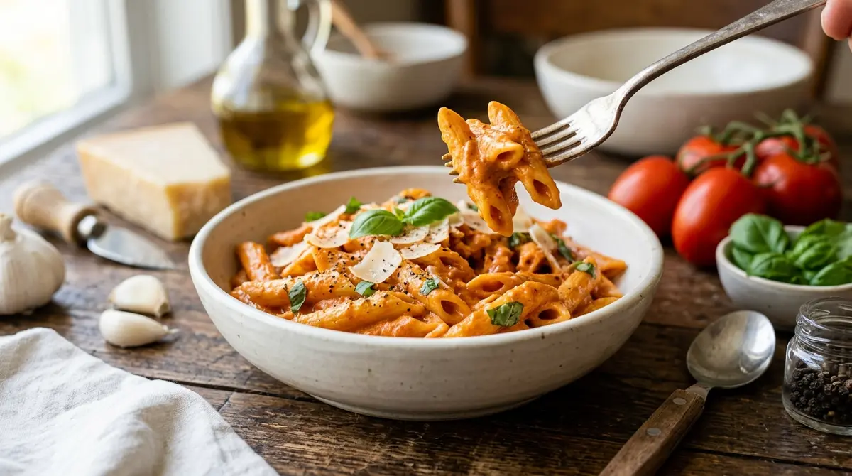 A bowl of freshly prepared creamy tomato basil pasta recipe garnished with vibrant green basil leaves and grated parmesan cheese.