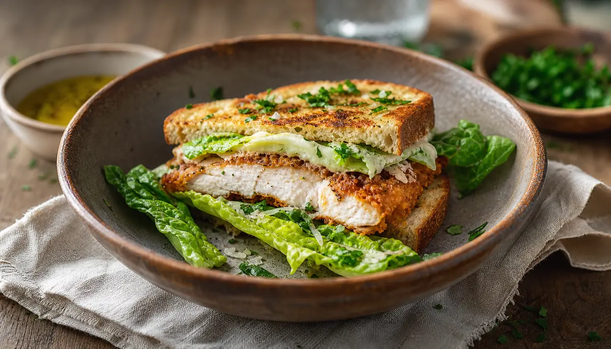 A deliciously golden Crispy Chicken Caesar Sandwich - Chili to Choc is artfully presented on a rustic wooden board, highlighting its crispy texture and vibrant fresh ingredients, perfect for an appetizing feature in a gourmet recipe article.