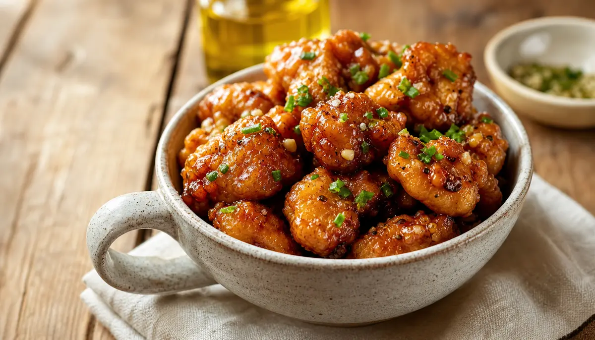 A plate of Crispy Chinese Honey Garlic Chicken served with a garnish of green onions and sesame seeds as the featured dish for a delicious homemade meal.