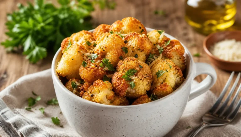 A close-up view of golden brown Crispy Parmesan Cauliflower Bites served on a white plate and garnished with fresh herbs.