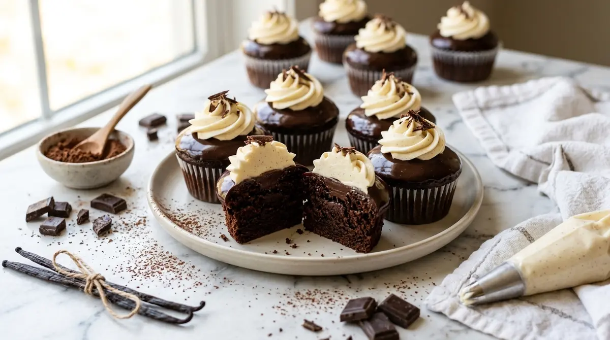 Deliciosos cupcakes de chocolate decorados con una suave cobertura de crema sobre un fondo elegante para presentar nuestra receta principal.