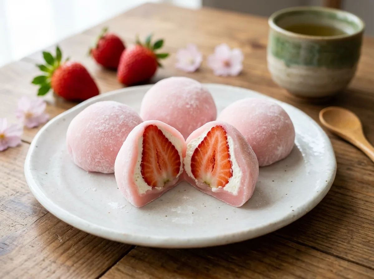 A close-up of a perfectly crafted strawberry mochi served on a ceramic plate for the Delicious Strawberry Mochi Recipe: A Sweet Taste of Japan's Culinary Delight! article.