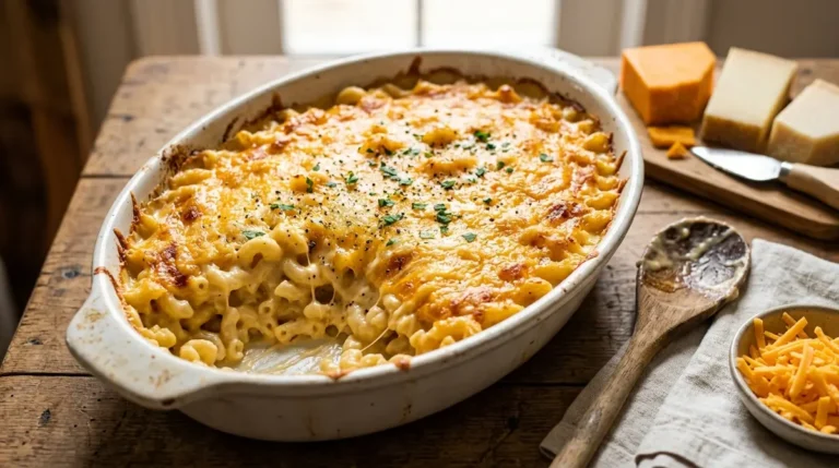A creamy portion of Easy Baked Mac and Cheese served in a rustic baking dish with a golden brown crust and melted cheddar cheese bubbling on top.
