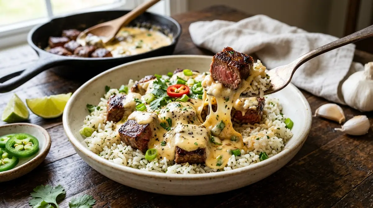 A steaming skillet filled with Easy Steak Queso Rice | Hearty One‑Pan Summer Dinner featuring tender strips of grilled steak and melted cheese served over savory rice.