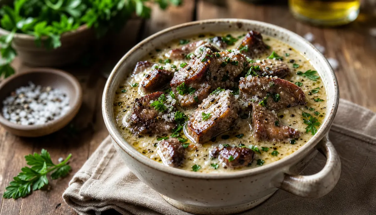 A delicious serving of Garlic Butter Steak Bites with a Rich Parmesan Cream Sauce Dinner presented on a plate with a garnish of fresh herbs.