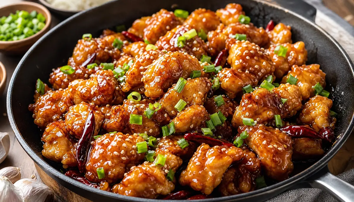 A delicious plate of crispy fried General Tso's Chicken Recipe garnished with fresh green onions and sesame seeds served over a bed of steamed white rice.