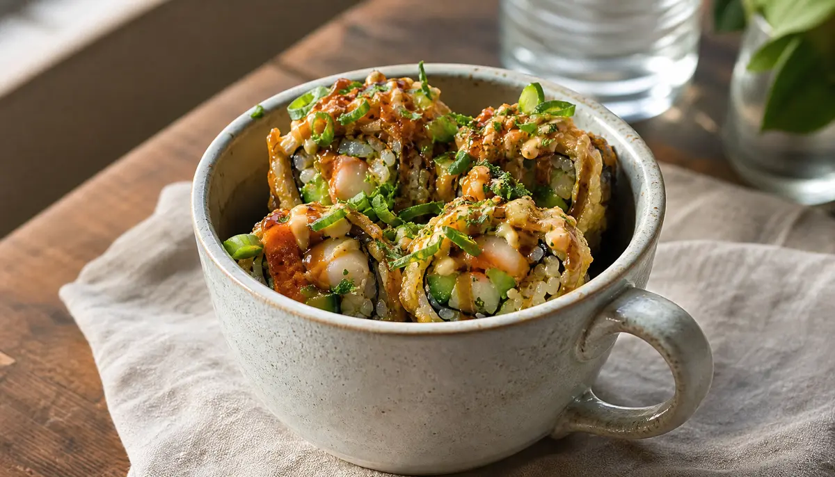 A delicious Godzilla Roll (Fried Shrimp Tempura Roll) | Chefjar featuring golden crispy tempura shrimp and savory toppings served on a ceramic plate.