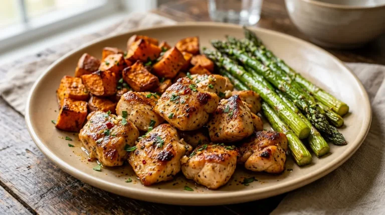 A plate featuring a delicious Healthy Chicken and Sweet Potato Recipe garnished with fresh herbs and served on a rustic wooden table.