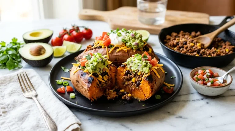 A delicious plate of High Protein Taco Stuffed Sweet Potatoes | Healthy Dinner Recipe featuring roasted sweet potatoes topped with seasoned ground meat and fresh toppings for a nutritious meal.