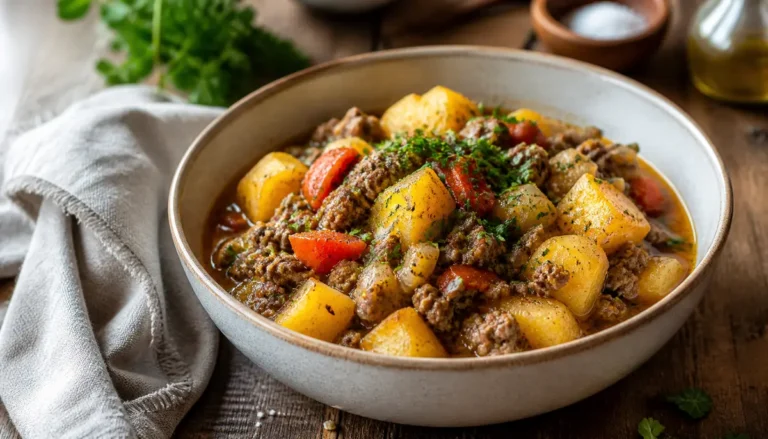 A delicious golden-brown Easy Hobo Casserole with Ground Beef: Comfort Food for Quick Dinners served in a baking dish as a hearty meal option.