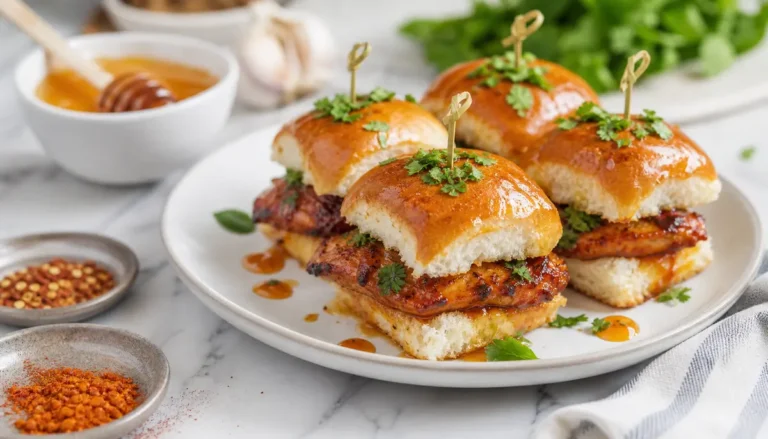 A platter of Easy Honey Chipotle Garlic Chicken Sliders featuring tender shredded meat glazed in a sweet and spicy sauce served on toasted mini brioche buns.