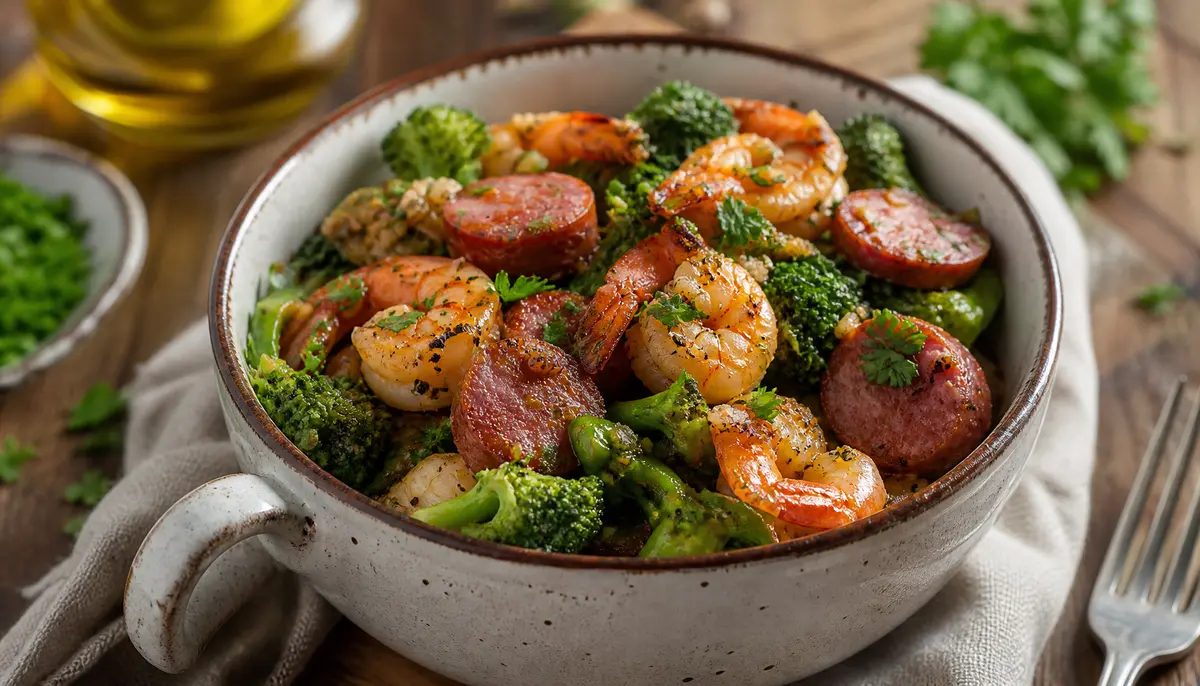 A delicious home-cooked meal featuring Honey Garlic Shrimp, Sausage & Broccoli served in a skillet for a healthy and easy dinner recipe.