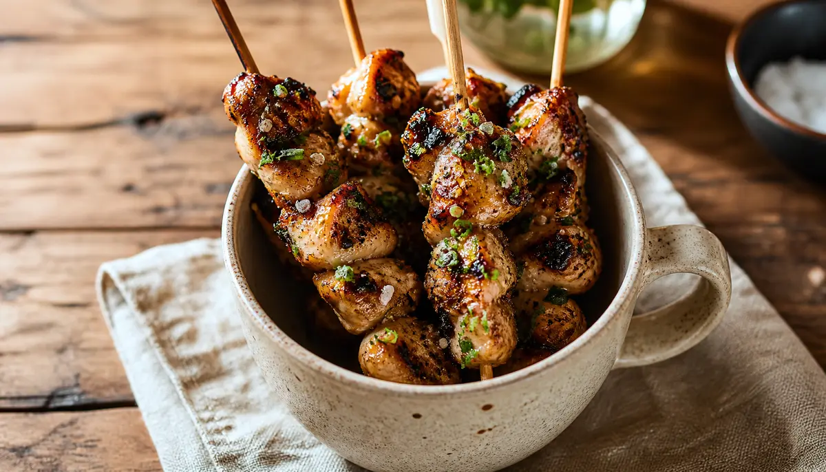 A close-up of golden brown grilled chicken skewers glazed in a savory tare sauce served on a ceramic plate to showcase The Best Easy Japanese Chicken Yakitori Recipe.