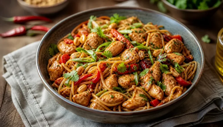A steaming bowl of flavorful Kung Pao Chicken Noodles topped with crushed peanuts and fresh green onions served as a delicious main course.