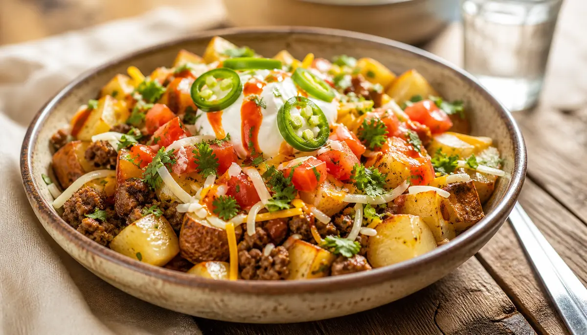 A close-up of a delicious Loaded Potato Taco Bowl for easy dinners that actually feel satisfying 🍽️ featuring seasoned potatoes topped with fresh vegetables and savory taco-inspired ingredients in a rustic serving bowl.