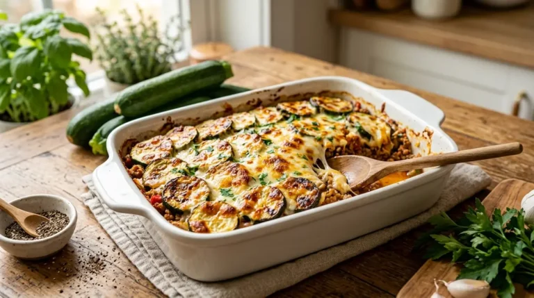 A delicious serving of Easy Low Carb Ground Turkey Zucchini Casserole | High Protein Family Dinner baked in a glass dish with melted cheese and fresh herbs as a healthy meal option.