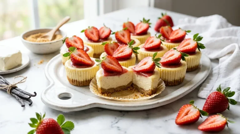 A delicious platter of creamy Mini Cheesecake Cupcakes topped with fresh berries and served as a perfect bite-sized dessert.