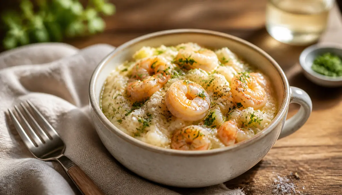 A delicious serving of One-Pan Creamy Garlic Butter Shrimp and Rice — Easy 30-Minute Meal garnished with fresh herbs in a skillet ready to be served.
