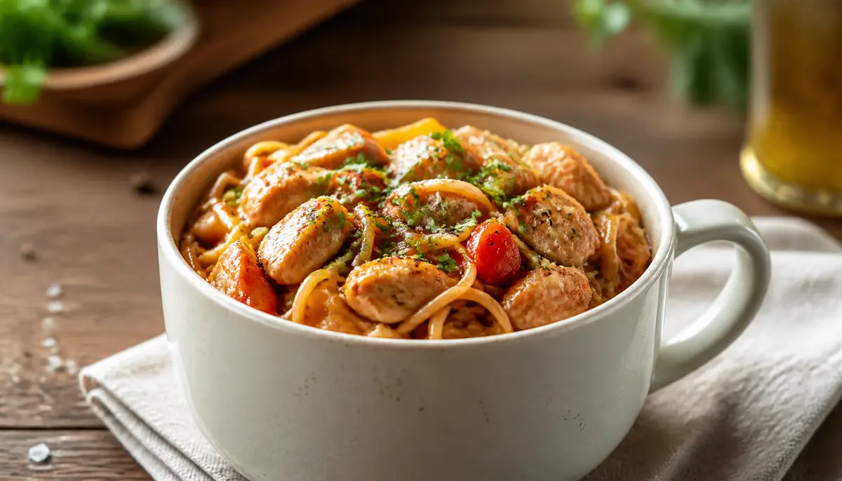 A delicious serving of One Pan Teriyaki Chicken and Noodles garnished with sesame seeds and green onions on a rustic plate.