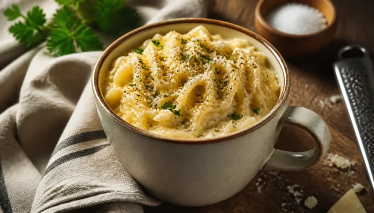 A delicious serving of creamy One Pot Garlic Parmesan Pasta topped with fresh herbs in a white ceramic bowl.