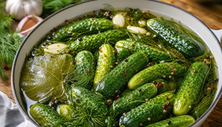A glass jar filled with fresh, crunchy Overnight Refrigerator Dill Pickles | Quick & Easy sitting on a wooden kitchen counter next to sprigs of fresh dill and garlic cloves.