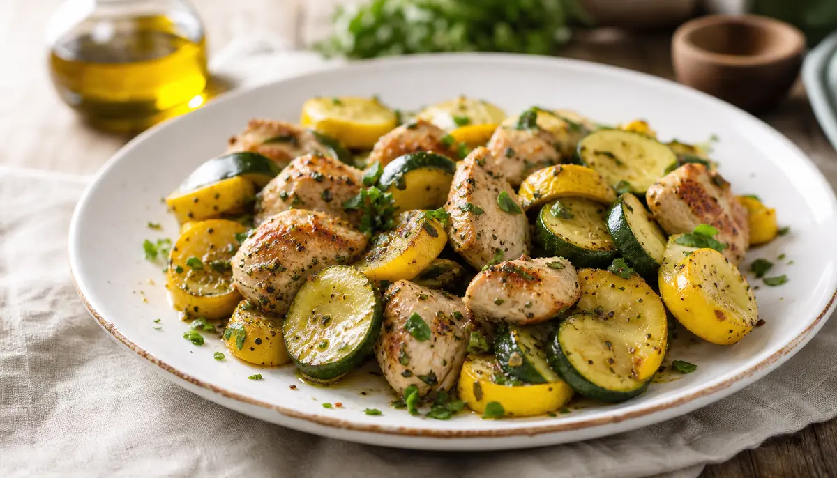 A delicious serving of Quick 20-Minute Chicken with Zucchini and Yellow Squash plated in a white bowl for a healthy weeknight dinner.