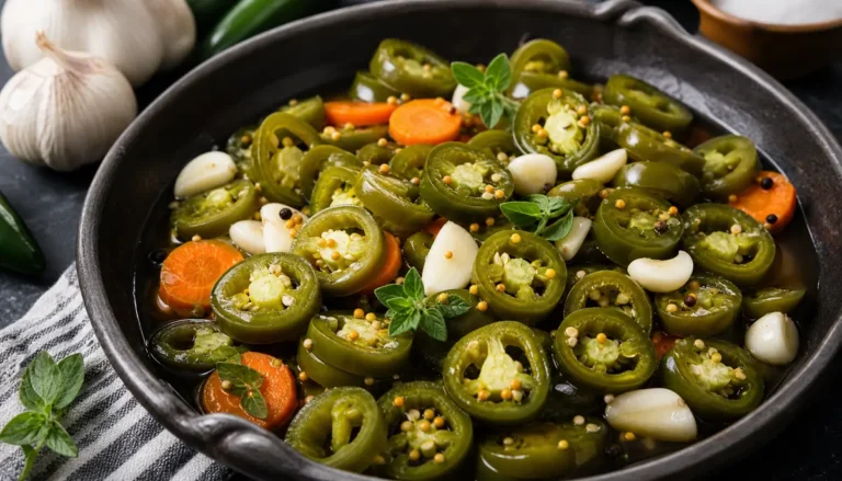 A glass jar filled with a vibrant quick and easy pickled jalapenos recipe sitting on a rustic wooden table next to fresh sliced peppers.