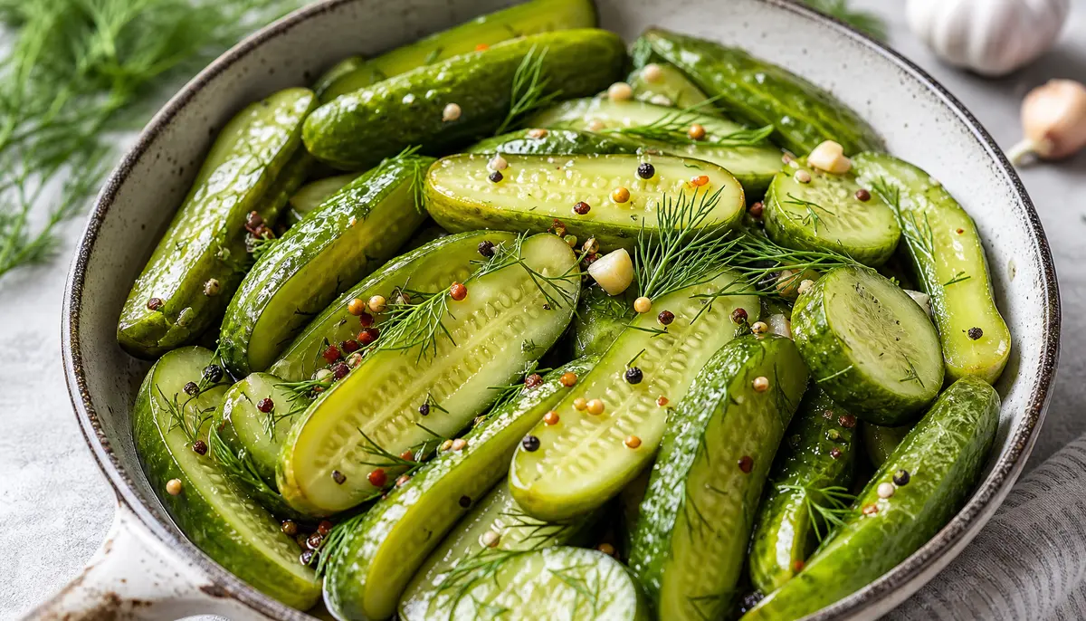 A glass jar filled with fresh homemade Quick Refrigerator Dill Pickles sits on a rustic wooden table surrounded by sprigs of fresh dill and whole peppercorns.