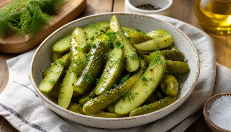 A glass mason jar filled with THE BEST Refrigerator Dill Pickles (Paleo + Vegan + Gluten-Free) sitting on a wooden kitchen table surrounded by fresh sprigs of dill and whole garlic cloves.