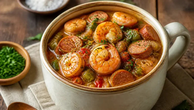 A rustic bowl of Savory Shrimp and Sausage Gumbo served hot with fresh herbs and a side of steamed white rice.