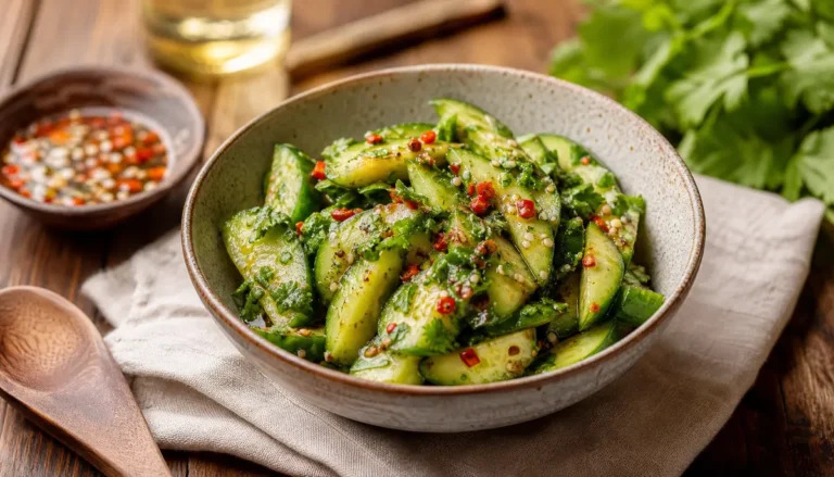 A vibrant bowl of Spicy Asian Cucumber Salad garnished with fresh chili slices and sesame seeds served as a refreshing side dish.