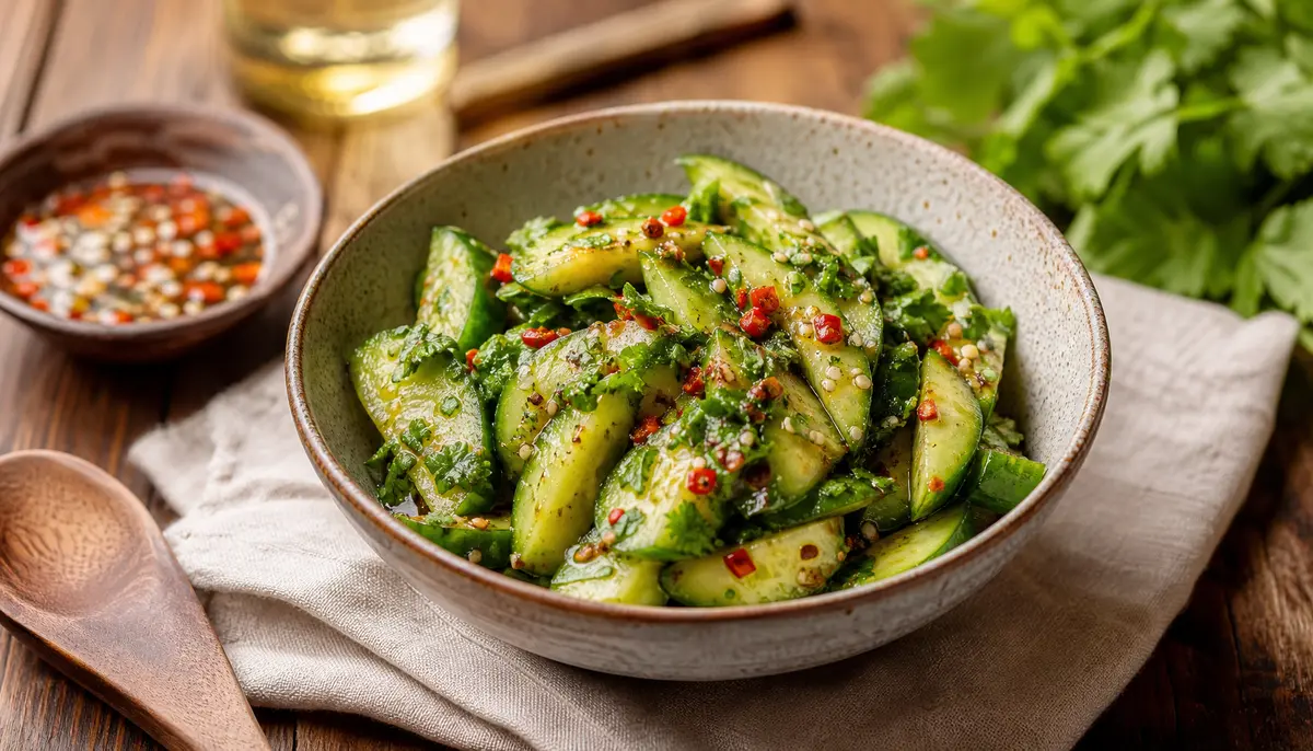 A vibrant bowl of Spicy Asian Cucumber Salad garnished with fresh chili slices and sesame seeds served as a refreshing side dish.