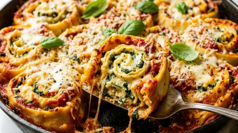 A delicious tray of freshly baked Spinach and Cheese Lasagna Pinwheels | Tuttorosso Tomatoes featuring rich tomato sauce and melted cheese arranged on a rustic kitchen table.