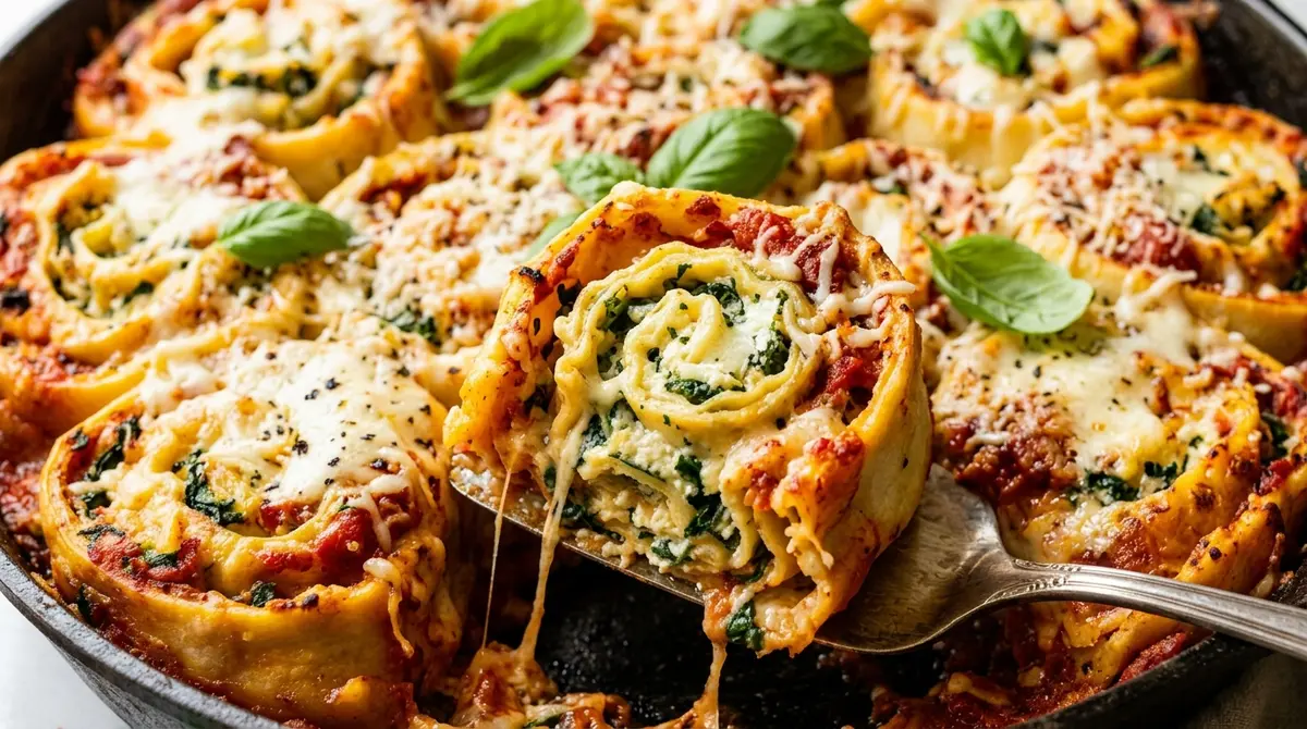 A delicious tray of freshly baked Spinach and Cheese Lasagna Pinwheels | Tuttorosso Tomatoes featuring rich tomato sauce and melted cheese arranged on a rustic kitchen table.