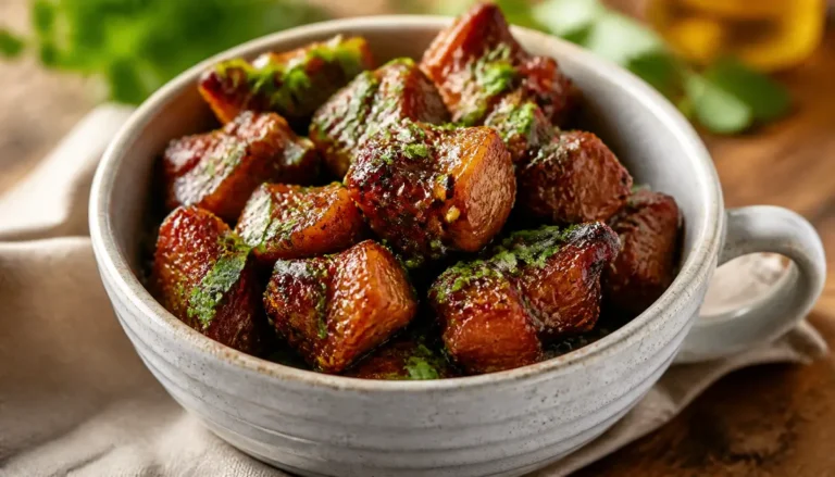 A delicious serving of Sticky Honey Garlic Pork - Pan Perfected featuring caramelized meat glazed in a savory sauce garnished with fresh herbs and served in a skillet.