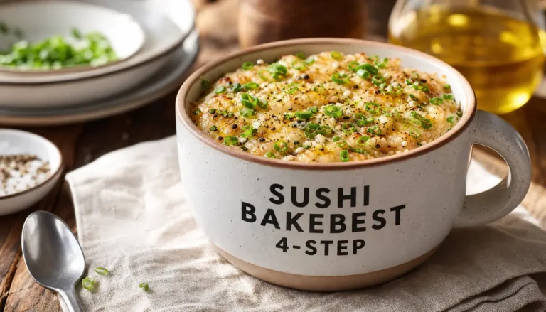 A delicious homemade Sushi Bake (Viral Tiktok Trend) featuring layers of seasoned sushi rice, creamy crab salad, and a golden broiled topping served in a baking dish.