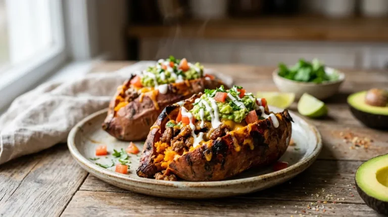 A delicious serving of Taco Stuffed Sweet Potatoes topped with fresh cilantro and avocado served as a healthy and flavorful main dish.